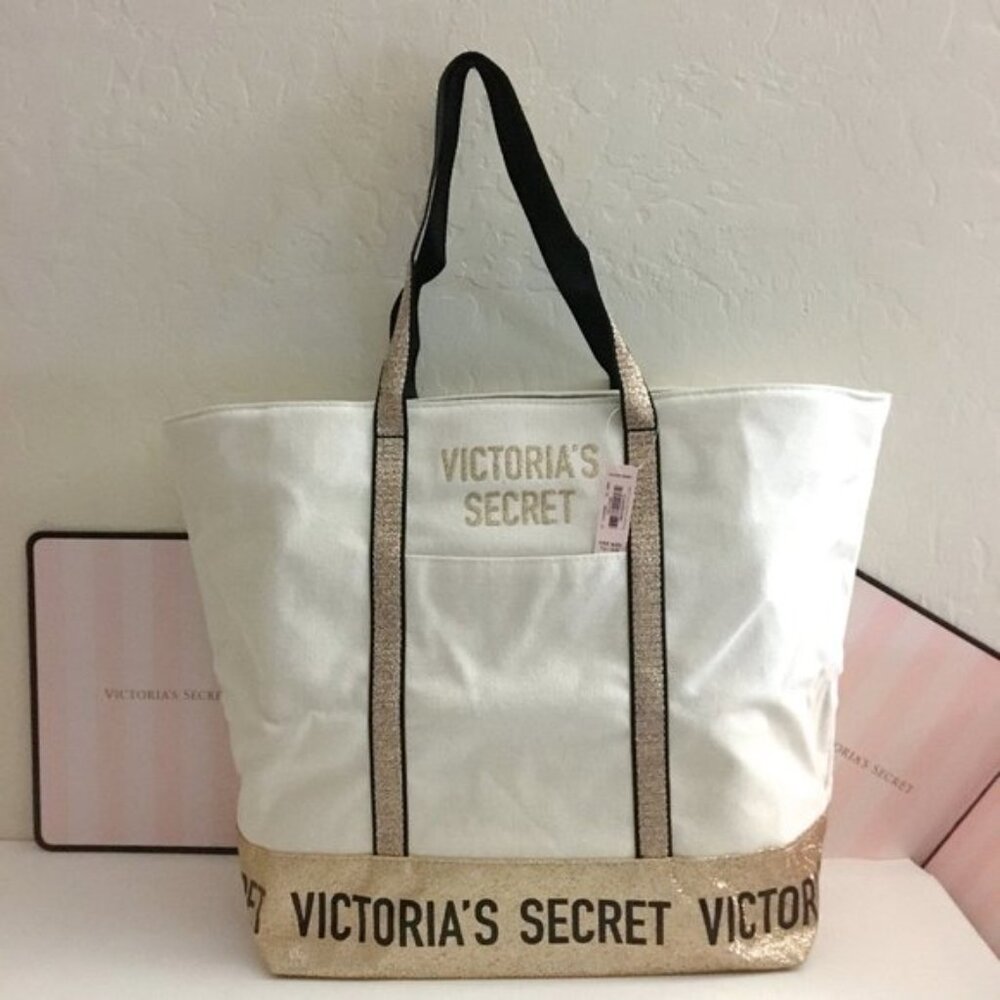 Victoria's Secret Canvas Gold Logo Tote Shopping Gym Book Travel Carry Bag NWT